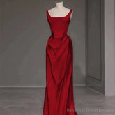 Sexy Mermaid Square Neckline Red Satin Floor Length Prom Dresses